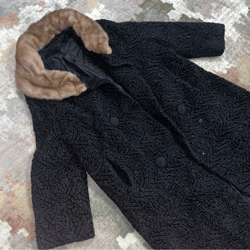 Genuine Miracurl A Luxury Fabric Black Lamb Fur Mink Collar Wool Long Coat